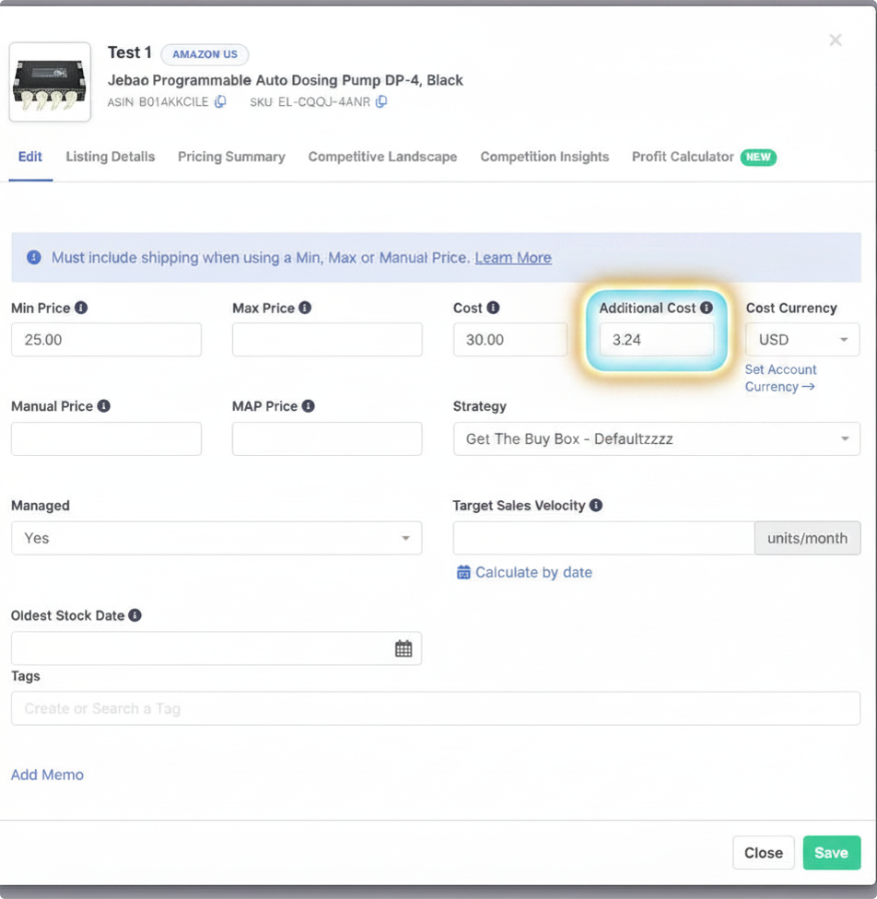 Additional Cost field