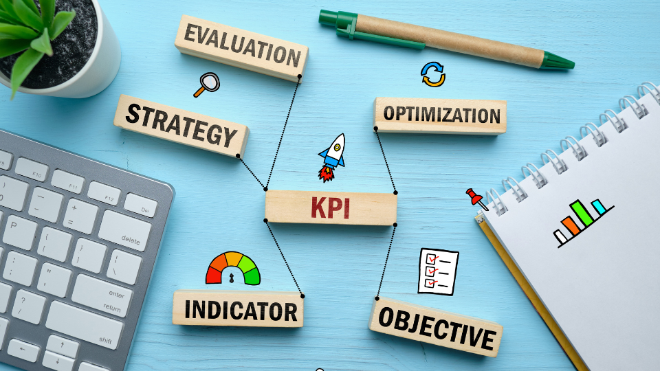 Wooden blocks with the words "Indicator," "Strategy," "Evaluation," "Optimization," and "Objective" arranged to describe KPIs, placed on a blue background alongside a keyboard and a notebook