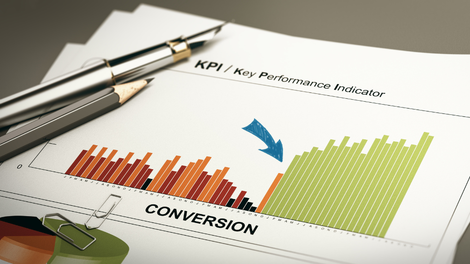 A close-up shot of a graph displaying KPIs for conversion rate
