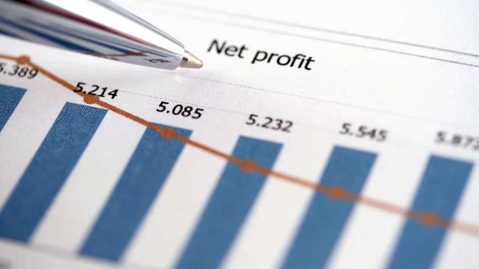 A close up of a pen on a chart with net profit