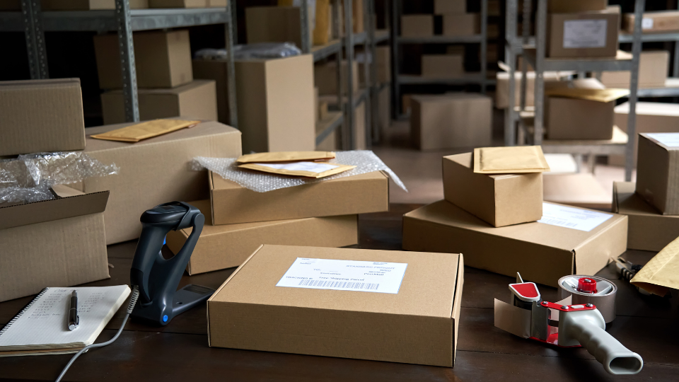 Various boxes and other items on a table in a warehouse