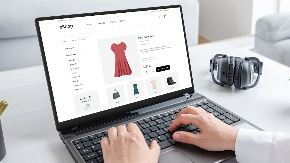 A person searching for products online using keywords on their laptop