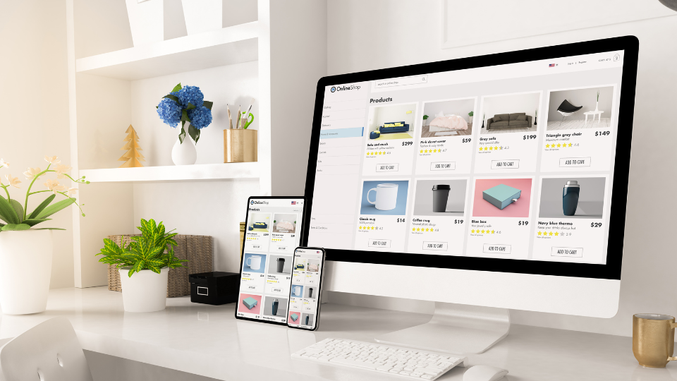 An office desk with a computer, tablet, and phone, each displaying an eCommerce storefront