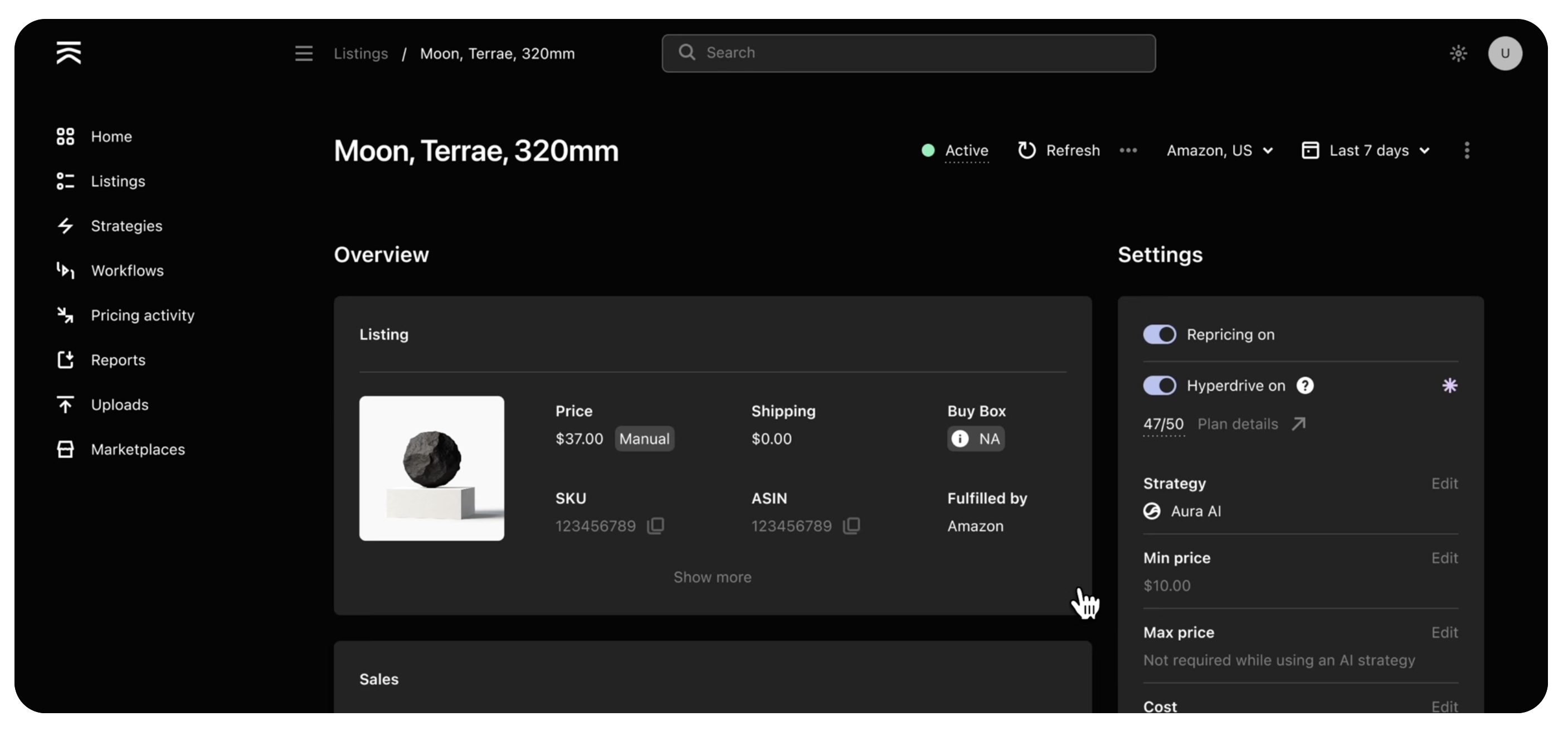 Aura AI repricing strategy dashboard