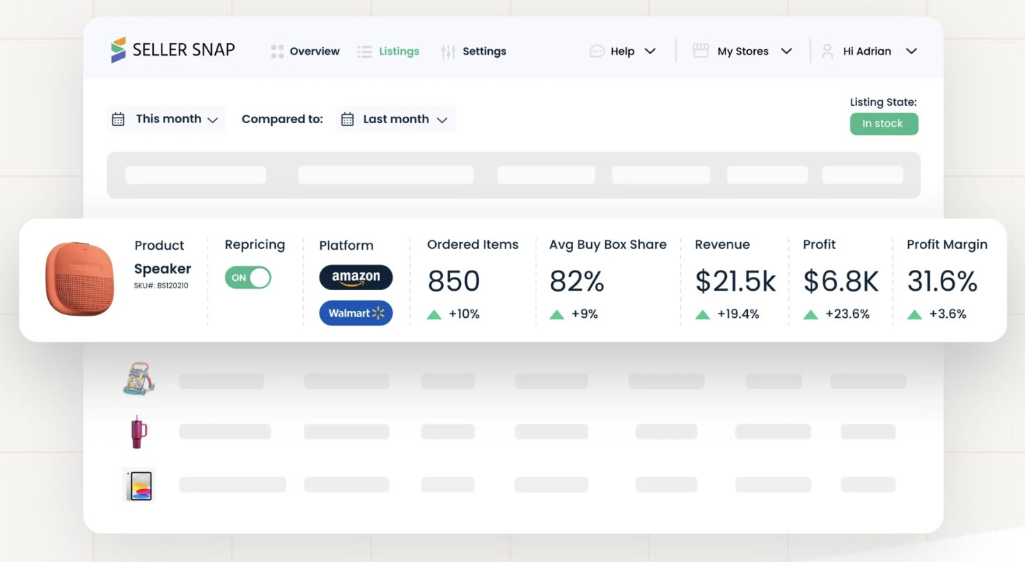 Seller Snap Game Theory repricing dashboard