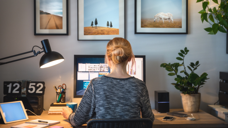 A person is sitting at a desk in front of a computer