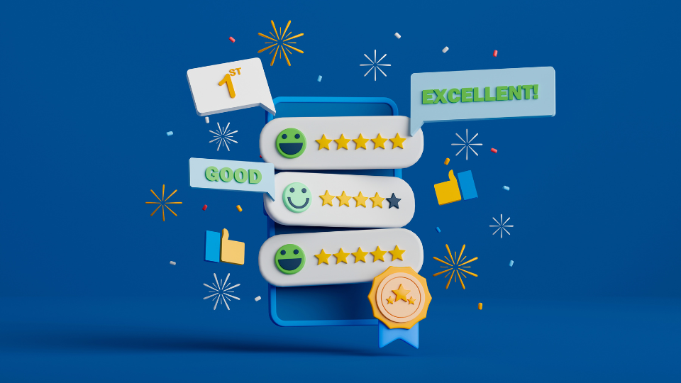 A digital illustration of positive customer reviews appearing on a cell phone