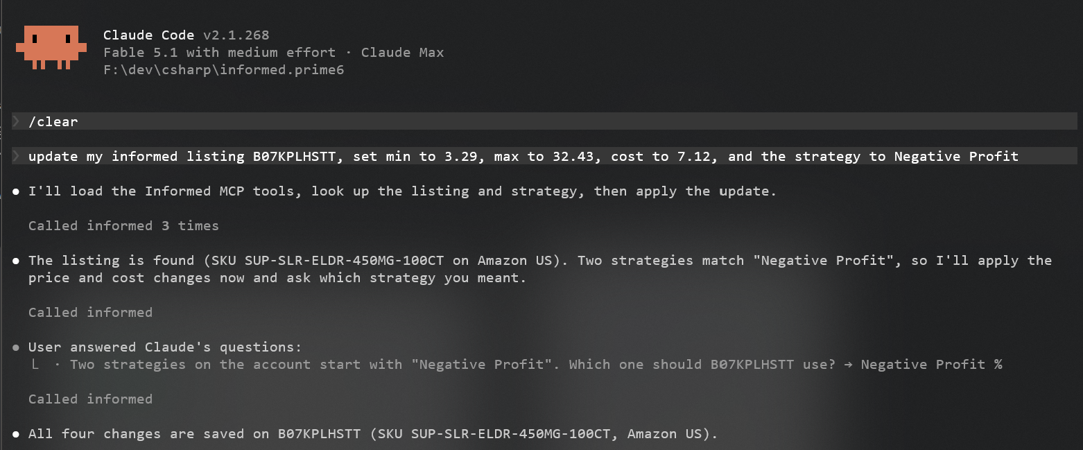 Informed Repricer MCP write tools and permission scopes