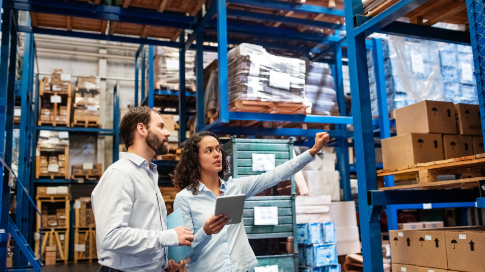 Two people in a warehouse sorting and segmenting inventory